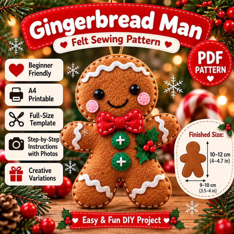 May include: A brown felt gingerbread man ornament sewing pattern featuring a red bow tie, two green buttons, and white icing details. The text includes Gingerbread Man Felt Sewing Pattern, PDF Pattern, and finished size 10-12 cm by 9-10 cm.