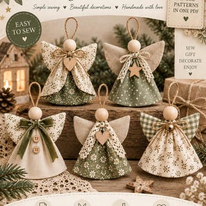 May include: A Little Angels Sewing Pattern Collection PDF featuring five angel ornaments made from green and cream fabric with wooden bead heads, twine loops, and decorative accents like buttons, bows, and stars, with text including Easy to Sew.