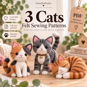 Può includere: Tre cartamodelli in feltro per gatti, tra cui un gatto calico, un gatto grigio tigrato con collare a campanellino e un gatto arancione tigrato che dorme. Il testo riporta ArmeliiaStudio, 3 Cats Felt Sewing Patterns, PDF Instant Download.