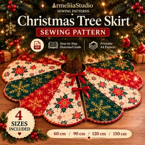 May include: A Christmas tree skirt sewing pattern by ArmeliiaStudio featuring a quilted design with alternating red, green, and cream panels decorated with poinsettia flowers and gold snowflakes. Includes 4 sizes: 60 cm, 90 cm, 120 cm, and 150 cm.
