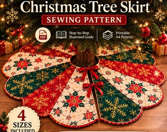 May include: A Christmas tree skirt sewing pattern by ArmeliiaStudio featuring a quilted design with alternating red, green, and cream panels decorated with poinsettia flowers and gold snowflakes. Includes 4 sizes: 60 cm, 90 cm, 120 cm, and 150 cm.