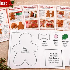 May include: A printed sewing pattern for a gingerbread man, featuring multiple pages with instructions, material lists, and templates. The pages include diagrams for cutting felt, stitching, and creating decorative icing details, with a 5 x 5 cm test square.