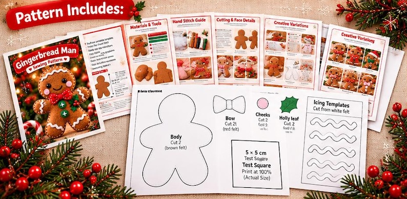 May include: A printed sewing pattern for a gingerbread man, featuring multiple pages with instructions, material lists, and templates. The pages include diagrams for cutting felt, stitching, and creating decorative icing details, with a 5 x 5 cm test square.