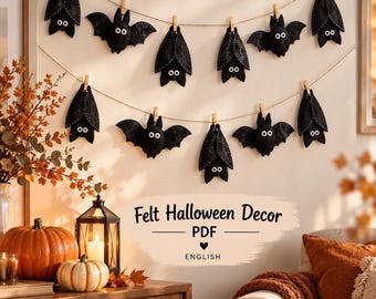 May include: A garland of black felt bats with white eyes, suspended by wooden clothespins on a string. The text reads Felt Halloween Decor PDF ENGLISH. The bats are displayed in two rows, with some hanging wings down and others with wings spread wide.