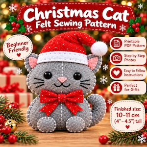 Felt Cat Ornament Sewing Pattern, DIY Christmas Plush (PDF)