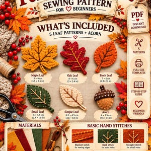 May include: A sewing pattern for felt autumn leaves and an acorn, featuring five leaf designs, a step-by-step guide, and material lists. The document includes dimensions in inches and centimeters, stitch diagrams, and a 0.79 x 0.79 inch scale square.