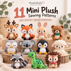 May include: A collection of 11 felt mini plush sewing patterns featuring a deer, fox, rabbit, bear, owl, koala, penguin, sheep, raccoon, dinosaur, and hedgehog. The text reads ArmeliaStudio 11 Mini Plush Sewing Patterns PDF English Instant Download.