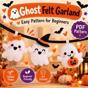 Può includere: Un modello artigianale digitale intitolato Ghost Felt Garland Easy Pattern for Beginners PDF Pattern con tre fantasmi in feltro bianco appesi a un nastro nero. Un fantasma indossa un fiocco arancione, uno un cappello da strega e uno una zucca.