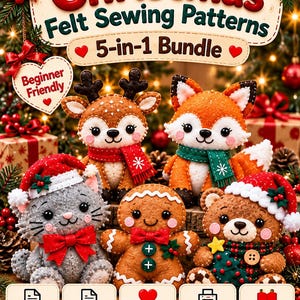 May include: A 5-in-1 Christmas felt sewing patterns bundle featuring five plush characters: a reindeer, a fox, a cat in a Santa hat, a gingerbread person, and a bear in a Santa hat. Includes 47 pages, printable PDF, full-size patterns, and instructions.