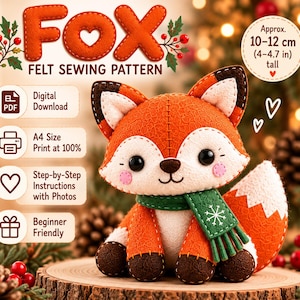 Puede incluir: Un patrón de costura digital en PDF para un zorro de fieltro, con el texto Fox Felt Sewing Pattern, Digital Download, A4 Size Print at 100%, Step-by-Step Instructions with Photos, Beginner Friendly, y Approx. 10-12 cm tall.