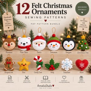 May include: A digital PDF sewing pattern bundle for 12 felt Christmas ornaments, including designs of a reindeer, polar bear, Santa, snowman, penguin, tree, gingerbread, star, candy cane, holly, snowflake, and heart with text labels.