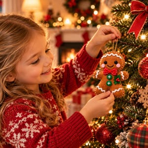 May include: A felt gingerbread man Christmas tree ornament featuring white icing trim, a red bow tie, two green buttons, and a small green holly leaf accent. The ornament is brown with a smiling face and pink cheeks, suspended by a gold string.