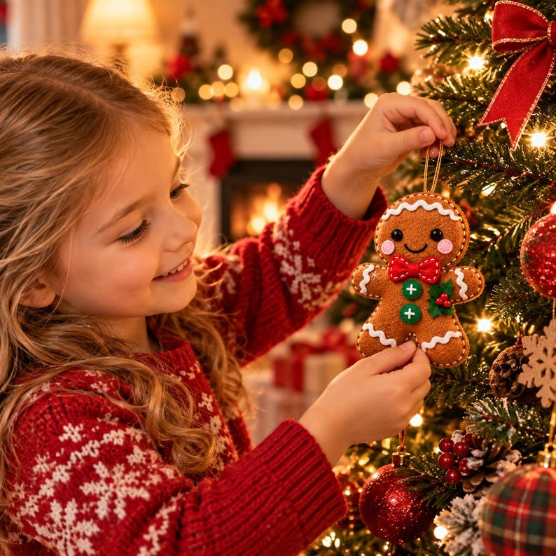 May include: A felt gingerbread man Christmas tree ornament featuring white icing trim, a red bow tie, two green buttons, and a small green holly leaf accent. The ornament is brown with a smiling face and pink cheeks, suspended by a gold string.