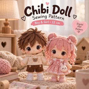 May include: Two chibi dolls, one with brown hair in a beige hoodie and brown shorts, the other with pink hair in a floral dress and white shoes. Text reads: Chibi Doll Sewing Pattern, Boy & Girl, 12 cm, Digital PDF Pattern.