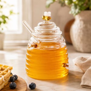 May include: A clear glass honey pot shaped like a beehive, filled with golden honey. The pot features a matching glass lid topped with a small bee figurine, a glass dipper, and two additional bee decorations attached to the exterior glass walls.