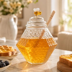 May include: A clear glass honey jar with a hexagonal honeycomb texture, filled with golden honey. The lid features a small, decorative amber-coloured bee figurine with white wings. A wooden honey dipper rests inside the jar through the lid opening.