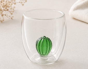 Vaso de vidrio de doble pared con diseño de mini cactus – Vajilla con temática del desierto
