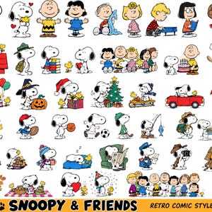 Op de afbeelding: Een verzameling Peanuts-stripfiguren waaronder Snoopy, Woodstock, Charlie Brown, Lucy, Linus, Sally en anderen in diverse activiteiten, outfits en seizoenthema's, met de tekst Snoopy & Friends Retro Comic Style PNG.