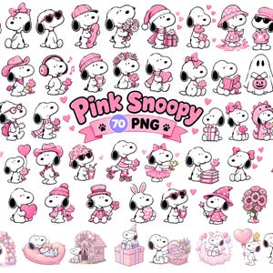 May include: A collection of 70 digital PNG illustrations featuring the character Snoopy in various poses and outfits, all accented with pink colours, hearts, and accessories. The central text reads Pink Snoopy 70 PNG with paw print icons.