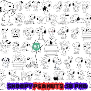 May include: A collection of 60 black and white line art illustrations of the character Snoopy in various poses, activities, and costumes, including holiday themes, sports, and daily life, with the text SNOOPY PEANUTS 58 PNG at the bottom.