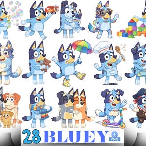 May include: A collection of 28 digital illustrations featuring the blue heeler dog character Bluey in various activities, including playing with bubbles, building blocks, holding a bouquet, wearing a chef hat, and riding a scooter, labeled 28 BLUEY PNG.