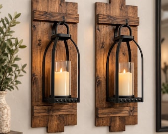 Large Rustic Wood Wall Sconces (Pair) with Lantern Hook, Handmade Wall Decor