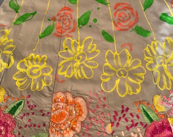 Painted & embroidered floral skirt