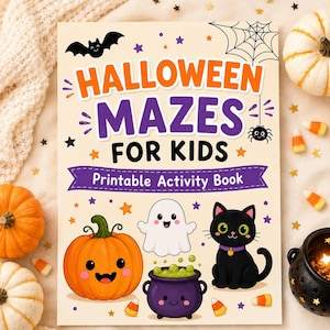 May include: A rectangular activity book titled Halloween Mazes for Kids with a cream background. The cover features a black bat, a spider web, a spider, a smiling orange pumpkin, a white ghost, a purple cauldron with green liquid, and a black cat.