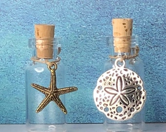 Starfish or Sand Dollar beach sand glass vial w/ natural cork