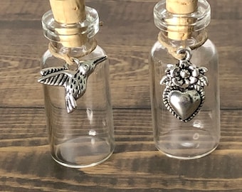 Hummingbird or flower keepsake glass vial for lock of pet hair, fur keepsake