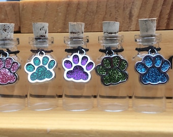 Glitter paw print glass vial for pet fur, hair keepsake