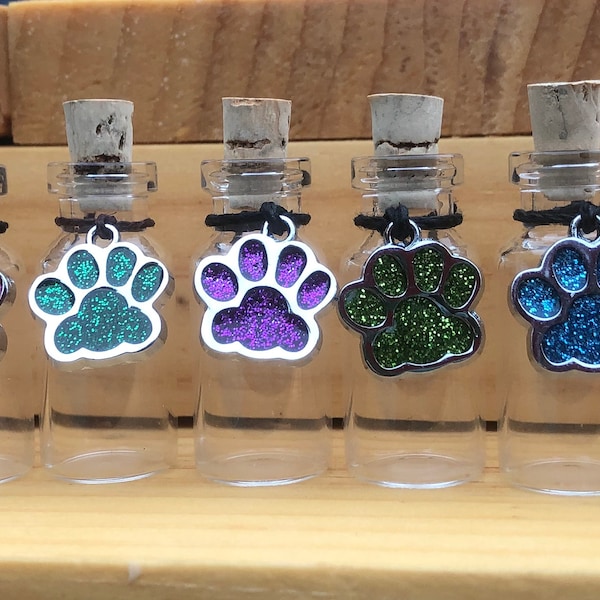 Glitter paw print glass vial for pet fur, hair keepsake