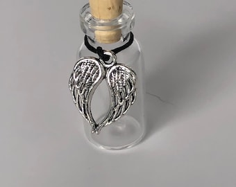 Angel Wing glass vial keepsake for lock of hair, pet fur