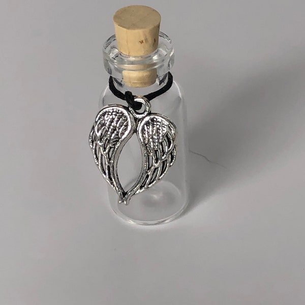 Angel Wing glass vial keepsake for lock of hair, pet fur