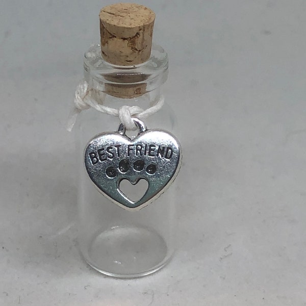 Keepsake glass vial for lock of fur. Antique silver “best friend” heart pet memorial