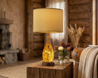 Rattan Table Lamp, Amber Glass Bedside Lamp with USB-A & USB-C, Farmhouse Nightstand Light