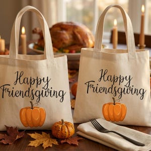 以下が含まれることがあります： Happy Friendsgivingという黒い文字とオレンジ色のカボチャのイラストが描かれた、オフホワイトのキャンバス地トートバッグ2点。バッグには丈夫な持ち手が付いており、小さなカボチャ、秋の落ち葉、ナプキンの上の黒いフォークの近くに配置されています。