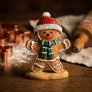 May include: A gingerbread person figurine standing on a base, featuring a textured brown body with white icing details, a red knit-style hat with a white pom-pom, and a green scarf with white stripes. The figure has a red nose and a smiling face.
