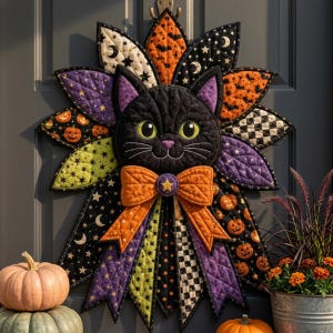 May include: A quilted wall hanging featuring a central black cat face with green eyes, surrounded by fabric petals in orange, purple, black, and lime green patterns including pumpkins, stars, moons, and bats, finished with an orange bow.