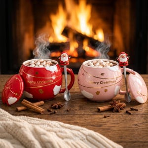 Op de afbeelding: Twee ronde keramische mokken, één rode en één lichtroze, elk voorzien van de tekst Merry Christmas in goud, witte wolkenaccenten en een bijpassend deksel. Elke mok bevat een metalen lepel met een kerstmanfiguurtje als bovenkant.