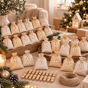 May include: An advent calendar set featuring twenty-four small beige fabric drawstring bags, each adorned with a wooden number from 1 to 24. The set includes a wooden display stand, a coil of twine, and twenty-four small wooden clips for hanging.
