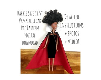 PDF Pattern Barbie Size 11.5" Doll Clothes, DIY Vampire Cloak/Cape Sewing Pattern