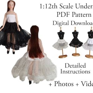 May include: A digital download PDF pattern for a 1:12th scale doll underskirt. The pattern includes detailed instructions, photos, and a video. The image shows three doll underskirts, one white, one black, and one white with black lace.