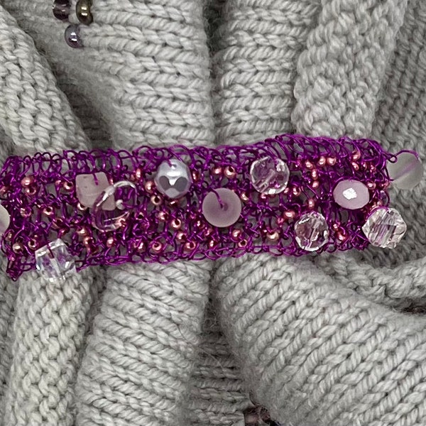 Amethyst soft wire knit bracelet / scarf with soft white and crystal beads