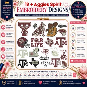 Aggie Spirit Embroidery Designs College Embroidery University Machine Embroidery Files | 5 Sizes, Instant Download for Brother Janome Tajima