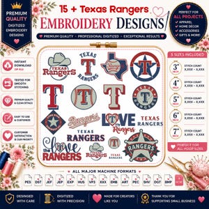 May include: A digital collection of 15+ Texas Rangers embroidery designs featuring various logos, baseball motifs, and text elements. The set includes five sizes ranging from 3 inches to 7 inches, compatible with major machine embroidery formats.