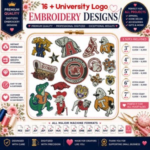 May include: A digital collection of 16 university logo embroidery designs featuring various collegiate mascots and emblems. The set includes five sizes ranging from 3 inches to 7 inches, compatible with major machine formats like PES, DST, and JEF.