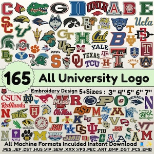 May include: A digital collection of 165 university and college sports logos for embroidery machines. The image displays various colorful team emblems, mascots, and text-based university names in multiple styles, sizes, and formats.