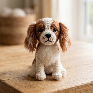 May include: A crocheted stuffed dog toy featuring a Cavalier King Charles Spaniel design. The plush has brown and white yarn, long floppy ears, a black stitched nose, and dark plastic eyes. It is sitting in an upright position with a textured finish.