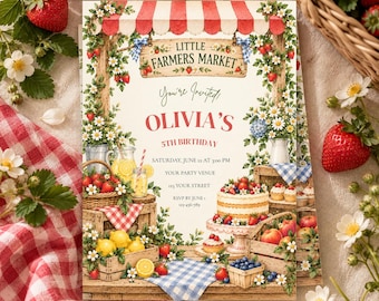 Farmers Market Birthday Invitation, Editable Canva Template, Strawberry Garden Party Invite